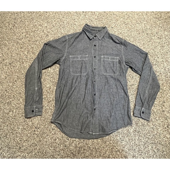 VTG Stussy Mens Button Up Shirt Size Medium Gray Y2K Cotton Long Sleeve - Picture 1 of 6